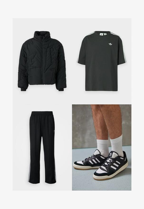 Czarna kurtka puchowa z wysokim kołnierzem, z przodu na zamek i teksturowanym geometrycznym przeszyciem. Posiada ściągacze na rękawach oraz skróconą formę.; Czarny bawełniany t-shirt z krótkimi rękawami, okrągłym dekoltem i białym detalem w postaci trzech pasków na ramionach. Na piersi znajduje się małe białe logo.; Czarne sportowe spodnie z elastycznym paskiem w talii, z białymi paskami po bokach i małym logo. Materiał wydaje się miękki i lekki.; Czarno-białe sneakersy z zamszową i skórzaną cholewką, z trzema białymi paskami, perforowanym czubkiem i gumową podeszwą w kolorze gumy.