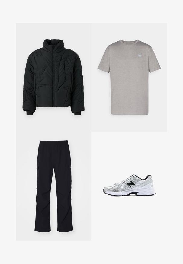 Svart puffjacka med hög krage, dragkedja fram och strukturerad geometrisk sömnad. Har ribbade ärmslut och cropped design.; Grå kortärmad t-shirt i mjukt tyg med en subtil logotyp i ljusblått på vänster bröst. Rund halsringning, normal passform.; Svarta cargobyxor i lätt material, med elastisk midja, sidofickor och rak bendesign.; Silvrig sportskor med meshmaterial, svarta accenter, perforerad design och en vadderad vit sula. Har en framträdande 'N'-logga.