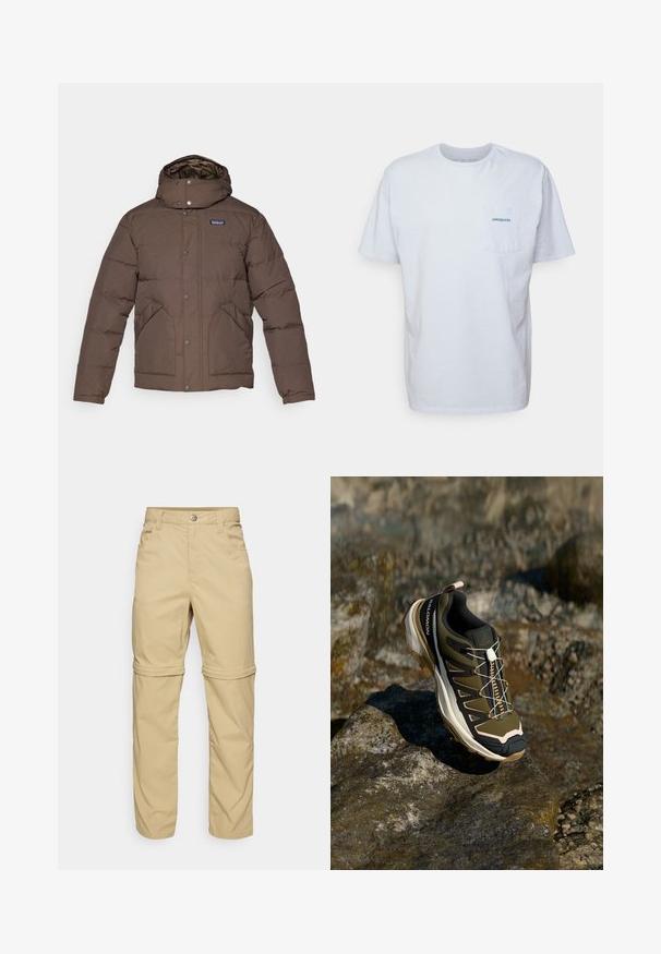 Braune isolierte Jacke mit hohem Kragen und Kapuze, Druckknöpfen, seitlichen Taschen und einem gesteppten Futter. Weicher, glatter Stoff.; Weißes Baumwoll-T-Shirt mit kurzen Ärmeln, Rundhalsausschnitt und einer linken Brusttasche, die ein blaues "Patagonia"-Logo aufweist. Klassische Passform mit glatter Textur.; Beige Zip-off-Hosen mit glatter Textur, ausgestattet mit zwei Seitentaschen, einer Knopfverschluss und hochrollbaren Säumen für Vielseitigkeit.; Wanderschuh in Olivgrün und Schwarz mit pinken Akzenten. Verfügt über ein strukturiertes Obermaterial, eine flexible Sohle, eine verstärkte Zehenkappe und ein farbenfrohes Schnürsystem.