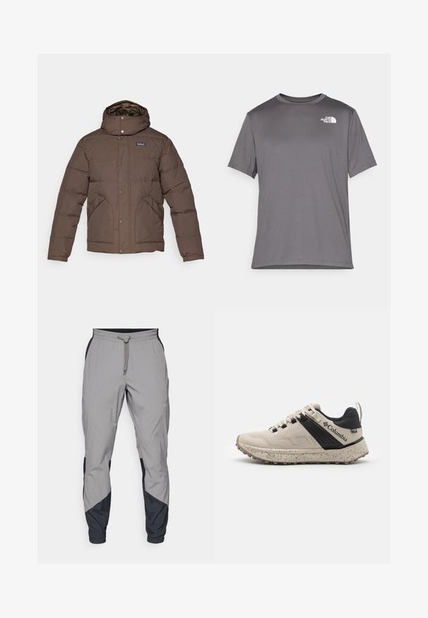 Jachetă izolată maro cu guler înalt și glugă, nasturi tip snap, buzunare laterale și căptușeală matlasată. Textură moale și netedă.; Tricou sportiv gri cu maneci scurte, realizat dintr-un material neted și ușor. Dispune de un logo alb pe partea stângă a pieptului. Design cu guler rotund.; Pantaloni sportivi ușori, gri, cu accente negre. Talie elastică, închidere cu șnur, design cu picior tapered și buzunare laterale.; Adidași Columbia în bej și negru, cu un superior din plasă texturată, talpă intermediară cu model și talpă exterioară din cauciuc rezistent pentru aderență.
