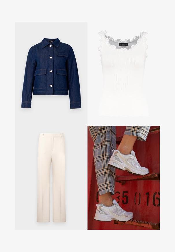 Theory - Kurtka jeansowa; Biały prążkowany top na ramiączkach z koronkowym wykończeniem przy dekolcie i rękawach. Posiada miękką teksturę i dopasowany krój. Wewnątrz widoczna metka marki.; Beżowe spodnie o prostym kroju, uszyte z lekkiego materiału. Posiadają fałdy z przodu i klasyczny pas.; Białe siatkowe sneakersy z srebrnymi akcentami i teksturowaną podeszwą, umieszczone na czerwonej powierzchni, w połączeniu z materiałowymi spodniami w kratę.