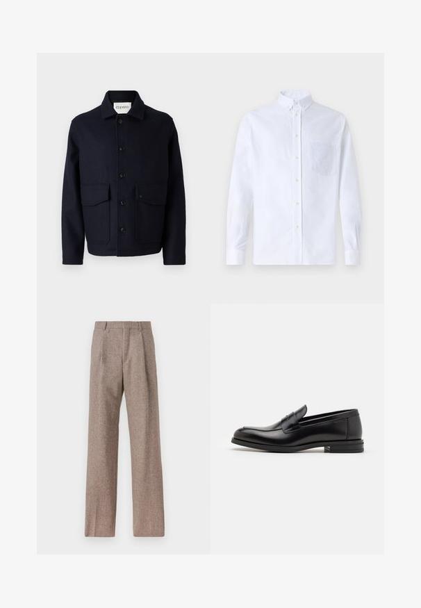 CLOSED JACKET - Ελαφρύ μπουφάν - dark night; Λευκό πουκάμισο με μακρύ μανίκι, φτιαγμένο από βαμβάκι, με τσέπη στο στήθος με τονικό κέντημα, γιακά και κουμπιά στους μανικέτες.; Καφέ παντελόνι με ψηλή μέση από υφαντό ύφασμα. Διαθέτει φαρδιές καβάτζες και δύο μανίκια μπροστά για δομή. Καθαρή φινίρισμα χωρίς ορατό εξοπλισμό.; Μαύρες δερμάτινες μπαλαρίνες με λεία υφή, στρογγυλή μύτη και διακοσμητική ταινία πάνω από το επάνω μέρος. Χαμηλός καπιτώνας, μινιμαλιστικός σχεδιασμός.