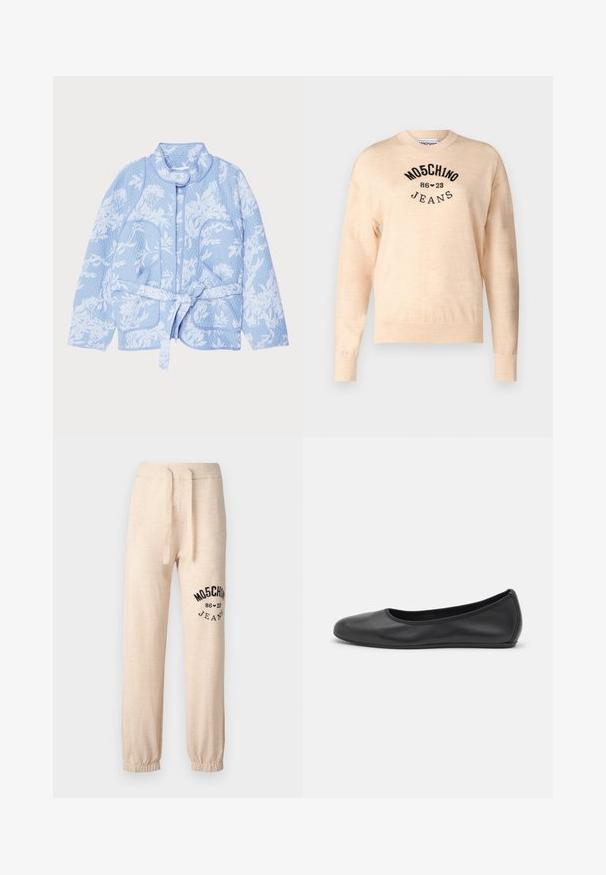 MUNTHE SAHNELY - Kevyt takki - light blue; Vaaleanbeige neulepaita, joka on valmistettu pehmeästä kudoksesta. Siinä on pyöreä kaula-aukko, pitkät hihat ja musta brodeerattu logo, jossa on teksti "Moschino Jeans."; Beiget rentoutuneen istuvuuden collegehousut, valmistettu pehmeästä kankaasta, jossa on joustava vyötärönyöri ja musta logo/kuvio vasemmassa lahkeessa.; Musta nahkainen ballerina, jossa on pyöristetty kärki, sileä pinta, minimaalinen ommelkoristelu ja joustava pohjamuotoilu.