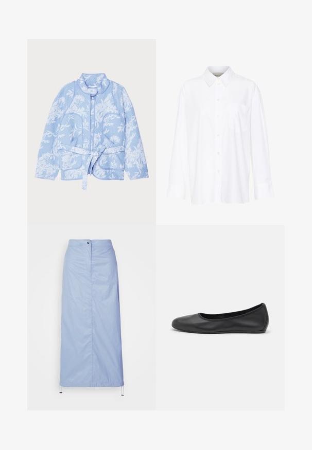 MUNTHE SAHNELY - Summer jacket - light blue; White long-sleeve collared shirt made of cotton. Features a button-down front and a single chest pocket. Smooth texture, relaxed fit.; Light blue, mid-length skirt made of smooth, lightweight material with a straight cut, features a front button closure and drawstring hem.; Black leather ballet flat with a rounded toe, smooth texture, minimal stitching detail, and a flexible sole design.