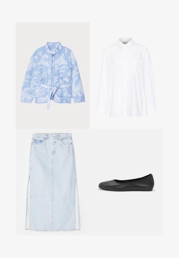 MUNTHE SAHNELY - Suvejakk - light blue; Valge pika käisega krae särg, mis on valmistatud puuvillast. Omab nööbipaneeli esiosa ja ühte rinna taskut. Sujuv tekstuur, vabalt lõigatud.; Heledsinine denim maxi seelik sirge lõikega, millel on külgmised lõhed ja viie taskuga disain. Silmapaistev õmblus ja metallist nööp sulgemiseks.; Musthave mustika tantsutossud mustast nahast, ümmarguse varbaga, siledast tekstuurist, minimaalse õmblusdetailiga ja paindliku tallakujundusega.