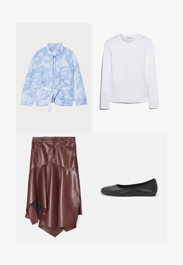 MUNTHE SAHNELY - Suvejakk - light blue; Pikkade varrukatega valge T-särk, mis on valmistatud ribakujulisest puuvillast, ümmarguse kaeluse ja sirge hemiga. Lihtne disain ilma mustrite või aktsentideta.; Pruun kunstnahast seelik, millel on sirge, asümmeetriline alläär, kahe esikoti ja siledat, läikivat tekstuuri.; Musthave mustika tantsutossud mustast nahast, ümmarguse varbaga, siledast tekstuurist, minimaalse õmblusdetailiga ja paindliku tallakujundusega.