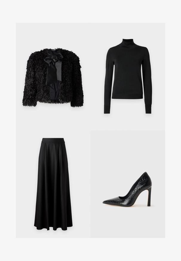 Černá huňatá bunda s kulatým výstřihem, dlouhými rukávy a velkou saténovou mašlí na přední straně. Má texturovaný, chlupatý povrch.; Černý dlouhý rukáv rolák se žebrovanými manžetami a lemem, vystavený na čistě bílém pozadí.; Černá sukně až na podlahu s hladkou strukturou, širokým pasem a sklady, bez viditelných vzorů nebo ozdob.; Černý lodičkový bot s špičatou špičkou, pokrytý texturou krokodýlí kůže, s elegantním designem, vysokým stiletto podpatkem a hladkým černým interiérem.