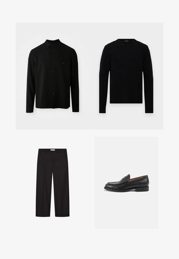 Must have pikkade varrukatega must särk, millel on nööpidega krae, esitasku ja nööpidega sulgemine; valmistatud siledast, tekstureeritud kangast.; Filippa K SWEATER - Džemper - black; Lame valge lühikeste varrukatega vabalt lõigatud T-särk, millel on helehall taust.; Mustad laiad püksid, mis on valmistatud siledast kangast. Omab nuppe ja tõmblukku, kahte eesmist taskut ja teravat äärestust.; Mustad mustad nahast loafers, sujuva viimistlusega, ümar sirge ja dekoratiivne tikand peal. Madal ja kergelt kuhjatud konts ning kerge läige.