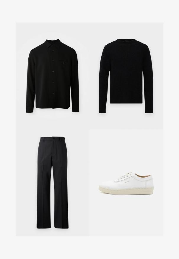 Sort langærmet skjorte med button-down krave, forlommeslomme og knaplukning; lavet af et glat, struktureret stof.; Filippa K SWEATER - Striktrøje - black; Sorte lige bukser med bæltestropper, frontknap og lynlås lukning, vist mod en ensfarvet hvid baggrund.; Hvide lædersneakers med en tekstureret overflade, rund tå, beige gummisål og seks grå snøreøjer, med subtil branding på siden.