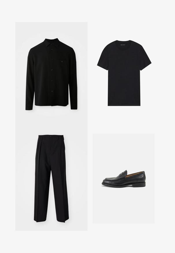 Sort langærmet skjorte med button-down krave, forlommeslomme og knaplukning; lavet af et glat, struktureret stof.; Sort bomulds t-shirt med korte ærmer og rund halsudskæring. Stoffet har en glat tekstur og et enkelt, ensfarvet design.; Sorte plisserede bukser med et lige, bred ben-design. Fremstillet af glat stof, med en knaplukning og bæltesløjfer.; Sorte læder loafers med en glat finish, rund tå og dekorativ syning på vampen. Lav stablet hæl og let glans.