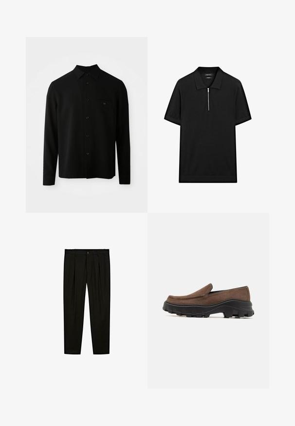 Czarna koszula z długim rękawem z kołnierzykiem zapinanym na guziki, przednią kieszenią i zapięciem na guziki; wykonana z gładkiego, strukturalnego materiału.; Czarna koszulka polo z krótkim rękawem, z kołnierzykiem stójkowym i zamkiem błyskawicznym z przodu. Wykonana z gładkiego materiału o czystym, minimalistycznym designie.; Czarne dopasowane spodnie wykonane z gładkiego materiału. Cechy to płaski przód, szerokie nogawki i zapięcie na guzik w pasie.; Brązowe zamszowe buty wsuwane z grubą czarną gumową podeszwą, wyróżniającą się wyraźnymi wzorami przyczepności i gładkim, zaokrąglonym noskiem.