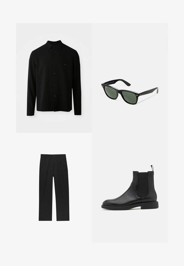 Sort langærmet skjorte med button-down krave, forlommeslomme og knaplukning; lavet af et glat, struktureret stof.; Hvid oversized bomulds-T-shirt med rund hals, korte ærmer og et mærke syet ind i halsudskæringen. Glat tekstur, minimalistisk design.; Sorte bukser med lige ben, lavet af et glat stof. Har frontfolder og en enkelt knaplukning i taljen.; Sort læder ankelstøvle med glat overflade, elastiske sidepaneler og en trækstrop. Rund tå og flad gummisål med minimal mønster.; Sorte plastiksolkaber med grønne linser, firkantede stel, sølvaccent på brynene og teksturerede templede arme. Angivet mærke på den indre arm.
