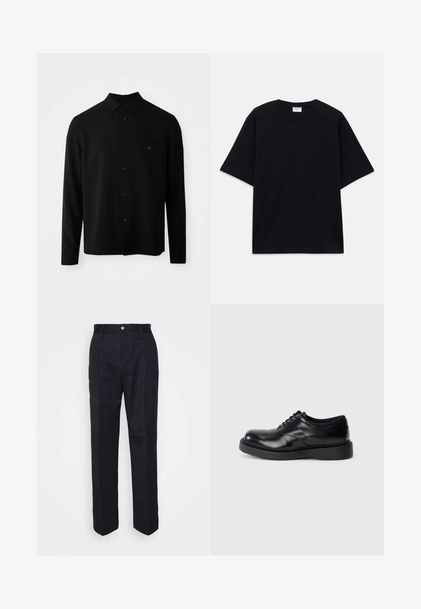 Melna garām piedurknēm krekls ar pogājamu apkakli, priekšējo kabatu un pogāmu aizdari; izgatavots no gludas, strukturētas auduma.; Melns īsām piedurknēm oversize T-krekls ar apaļu kakla izgriezumu un redzamu Filippa K zīmola birku iekškaklā.; Melnas piegrieztas bikses ar taisnu kāju dizainu, izgatavotas no gludas auduma, ar priekšējo pogu aizdari un divām sānu kabatām.; Melnas ādas zābaki ar saites, apaļu purngalu, gludu virsmu un biezu gumijas zoli ar vieglām rievām, lai nodrošinātu pielipšanu.