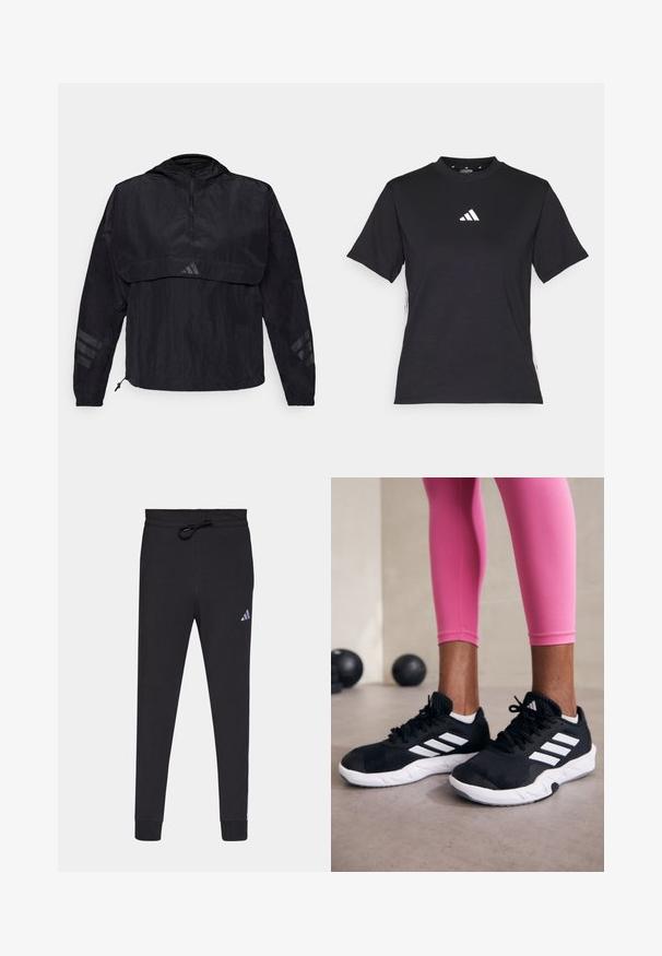 Črna lahka jakna s kapuco in ovratnikom na pol z zadrgo, ki ima odsevnike Adidas na rokavih in teksturirano, gubano blago.; Črna kratkotrajna majica z mehkimi tkaninami. Ima bel logo Adidas in kontrastne bele črte ob straneh.; Črne atletske hlače iz mehke tkanine, z vrvico v pasu, ožjimi nogami in majhnim belim logotipom Adidas na levem stegnu.; Črne športne čevlje z belimi črtami, teksturirano mrežasto zgornjišče in belo podplat. Obuti z roza legginsom, ki prikazujejo športno obleko.