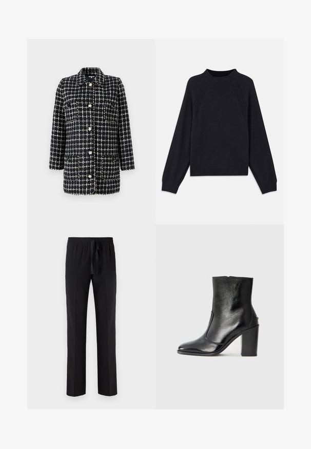 Blazer com padrão xadrez azul-marinho e branco, feito de tecido texturizado, apresentando colarinho, mangas longas, bolsos frontais e botões decorativos.; Sweater azul marinho escuro com decote redondo, mangas raglan longas, punhos canelados e barra reta. Feito de um material de malha macia e texturizada.; Calças pretas com uma cintura elástica e cordão ajustável, apresentando um design de perna reta e uma textura suave. Sem padrões ou detalhes.; Bota ankle preta em pele com uma textura suave, bico fino e um salto alto robusto. Apresenta uma abertura lateral e um design minimalista.