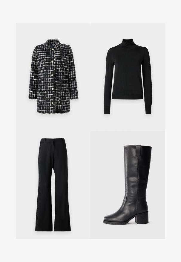 Navy in bel beljeno blazer z vzorcem karirast, izdelan iz teksturirane tkanine, z ovratnikom, dolgimi rokavi, sprednjimi žepi in okrasnimi gumbi.; Črni pulover s dolgimi rokavi in vratnikom, z rebrastimi манжетами in robom, prikazan na enobarvni beli podlagi.; Črne široke hlače iz lahkega materiala z čipkastim robom ob straneh. Strukturiran pas in gladka, svilnata tekstura.; Črne usnjene škornje do kolen z gladko teksturo, kvadratnim nosom, blok peto in stranskimi zankami za obuvanje, ki vsebujejo minimalne šive.