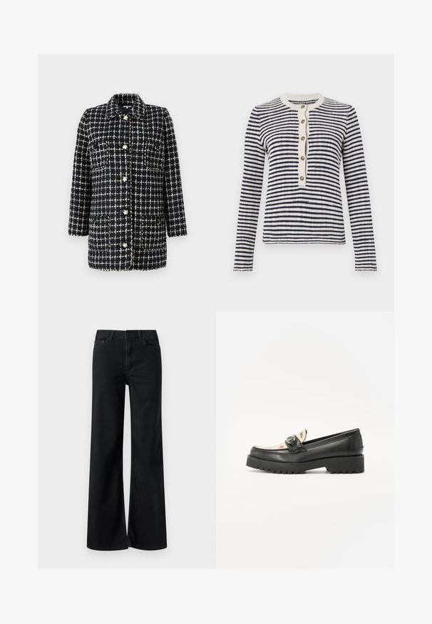 Navy- und weiß karierter Blazer aus strukturiertem Stoff, mit einem Kragen, langen Ärmeln, Fronttaschen und dekorativen Knöpfen.; Gestreifter Cardigan in Marineblau und Creme, gerippter Rundhalsausschnitt, vordere Knopfleiste mit fünf Knöpfen, lange Ärmel, gestrickte Textur.; Schwarze, weit geschnittene Jeans aus Denim. Verfügt über ein klassisches Fünf-Taschen-Design, einen Reißverschluss und dezente Nähte. Glatte Textur.; Schwarze Leder Slipper mit einer klobigen Gummisohle, eckiger Zehenpartie und dekorativem Riemen. Das Design weist eine gemusterte Innensohle mit Herzen auf.