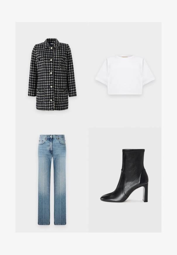 Navy- und weiß karierter Blazer aus strukturiertem Stoff, mit einem Kragen, langen Ärmeln, Fronttaschen und dekorativen Knöpfen.; Beschnittenes weißes T-Shirt aus weichem Stoff, mit kurzen Ärmeln, rundem Halsausschnitt und gerippten Saumdetails. Einfaches und schnörkelloses Design.; Hellblaue gerade geschnittene Jeans aus Denim mit dezentem Verblassen, klassischem Fünf-Taschen-Design und einem Metallknopfverschluss an der Taille.; Schwarze Leder-Stiefelette mit schlankem Design, spitz zulaufender Zehenpartie und hohem Blockabsatz. Verfügt über eine glatte Textur und minimalistische Steppnähte.