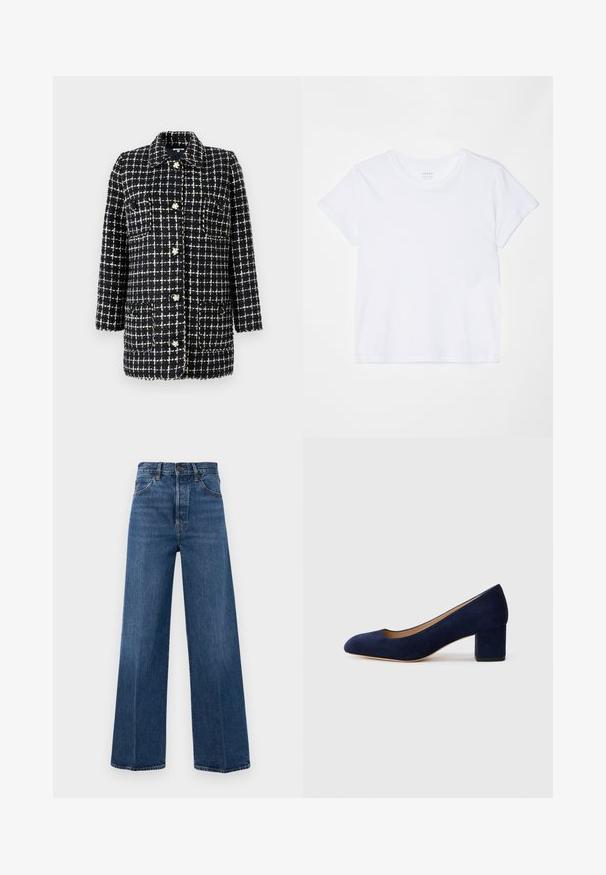 Mörkblå och vit rutmönstrad kavaj gjord av texturerad tyg, med krage, långa ärmar, framfickor och dekorativa knappar.; FRAME BABY TEE - T-shirt - bas - white; Breda blå jeans i denim med hög midja, framfickor och kontrasterande sömmar. Tyget har en slät struktur.; Mörkblå mockapumps med spetsig tå och medelhög blockklack. Slät textur med en subtil glans och en liten utskärning framtill.