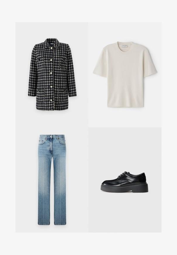 Blazer a motivi check blu navy e bianco realizzato in tessuto testurizzato, dotato di colletto, maniche lunghe, tasche frontali e bottoni decorativi.; T-shirt crema a maniche corte con scollatura rotonda, realizzata in materiale morbido, caratterizzata da una linea dritta e dettagli minimi.; Jeans dritti di colore azzurro chiaro in denim, con una leggera scoloritura, design classico a cinque tasche e chiusura con bottone in metallo in vita.; Scarpe in pelle nera con punta rotonda, suola piatta spessa e dettagli in pizzo decorativo. Texture liscia con cuciture a contrasto visibili.