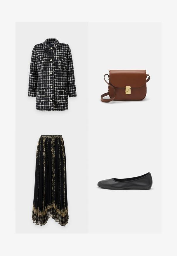 Sako s kostkovaným vzorem v námořnické modré a bílé barvě, vyrobené z texturované látky, s límcem, dlouhými rukávy, předními kapsami a dekoračními knoflíky.; Bílá tričko s krátkým rukávem vyrobené z žebrované tkaniny. Kulatý výstřih, normální střih a jemné detaily šití. Bez vzorů nebo grafik.; Černá plisovaná sukně s květinovou výšivkou v zlatých a zelených tónech, s dekoračním pasem a volným, asymetrickým lemem.; Černé kožené baletní byty s kulatou špičkou, hladkou texturou, minimálními švy a flexibilním designem podrážky.; Hnědá kožená kabelka s klopou, zlatými kovovými detaily, ramenním popruhem a hladkým povrchem. Kompaktní obdélníkový tvar.