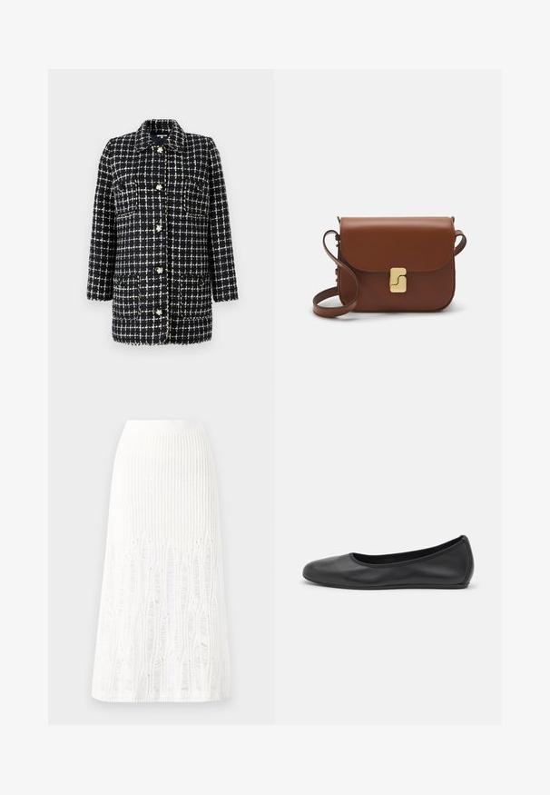 Sako s námorníckym a bielym kockovaným vzorom vyrobené z textúrovanej látky, s golierom, dlhými rukávmi, prednými vreckami a dekoračnými gombíkmi.; Dlhý rukáv biely tričko vyrobené z rebrovanej bavlny, s okrúhlym výstrihom a rovnými okrajmi. Jednoduchý dizajn bez vzorov alebo akcentov.; Pletená biela midi sukňa s textúrovaným vzorom s vertikálnymi pruhmi a výrezmi v blízkosti dolného okraja. Elastický pás. Mäkkučký materiál.; Čierne kožené baleríny s okrúhlou špičkou, hladkým povrchom, minimálnym prešívaním a flexibilným dizajnom podrážky.; Hnedá kožená kabelka s klopou, zlatými kovovými prvkami, ramenným popruhom a hladkým povrchom. Kompaktný obdĺžnikový tvar.
