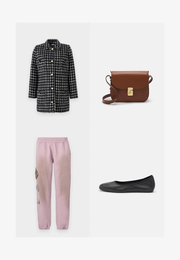 Tumesinine ja valge ruuduline bleiser, mis on valmistatud tekstureeritud kangast, varruka pikkusega, ees taskute ja dekoratiivnuppudega.; Pikkade varrukatega valge T-särk, mis on valmistatud ribakujulisest puuvillast, ümmarguse kaeluse ja sirge hemiga. Lihtne disain ilma mustrite või aktsentideta.; Roosa spordipüksid elastse paelaga vööl, millel on vasakul küljel dekoratiivsed rombikujulised plaastrid ja elastsed mansetid pahkluude juures.; Musthave mustika tantsutossud mustast nahast, ümmarguse varbaga, siledast tekstuurist, minimaalse õmblusdetailiga ja paindliku tallakujundusega.; Pruunist nahast käekott, millel on klapiga sulgur, kuldne riistvara, õlarihm ja sile tekstuur. Kompaktne ristkülikukujuline vorm.