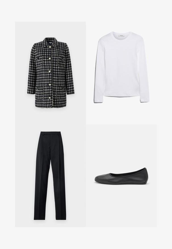 Marineblauwe en witte geruite blazer van gestructureerde stof, met een kraag, lange mouwen, grote zakken en decoratieve knopen.; Wit T-shirt met lange mouwen, gemaakt van ribgebreide katoen, met een ronde halslijn en een rechte zoom. Eenvoudig ontwerp zonder patronen of accenten.; Zwarte broek gemaakt van gladde stof met een hoge taille, wijde benen, voorplooien en klassieke ceintuurlussen. Geen zijzakken zichtbaar.; Zwarte leren ballerina met een ronde neus, gladde textuur, minimale stikdetails en een flexibele zoolontwerp.