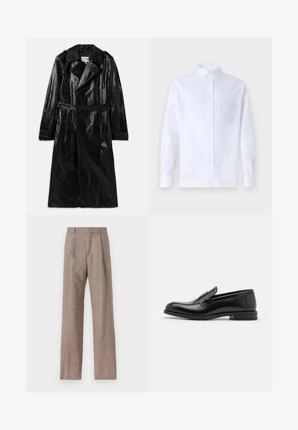 Černý dlouhý trenčkot vyrobený z lesklého materiálu, s dvouřadou čelní zapínáním, velkým límcem, páskem v oblasti pasu a bočními kapsami.; Bílá dlouhá košile s knoflíky vyrobená z bavlny, která má náprsní kapsu s tónovanou výšivkou, límec a knoflíkové manžety.; Hnědé kalhoty s vysokým pasem vyrobené z texturované látky. Mají široké nohavice a dva přední sklady pro strukturu. Úhledné provedení bez viditelné kovových částí.; Černé kožené polobotky s hladkou texturou, zaoblenou špičkou a zdobným páskem přes nárt. Nízký stohovaný podpatek, minimalistický design.
