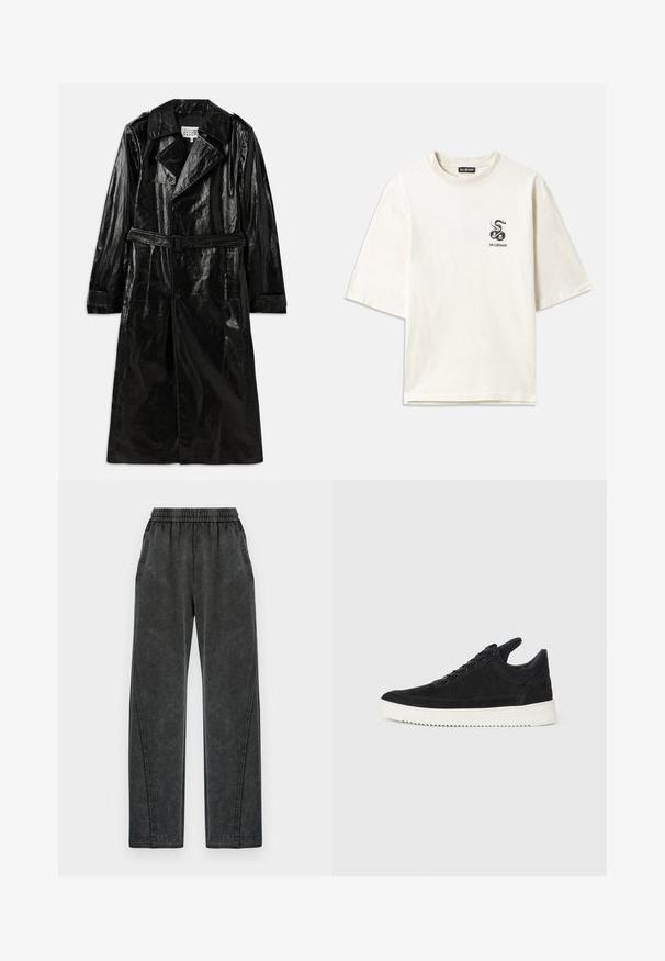 Czarny długi płaszcz trenchowy wykonany z błyszczącego materiału, z podwójnym zapięciem, dużym kołnierzem, paskiem w talii i bocznymi kieszeniami.; Kremowa, oversize'owa koszulka wykonana z bawełny. Ma krótkie rękawy i małą czarną grafikę węża po lewej stronie klatki piersiowej.; Czarne dresy z elastycznym pasem, bocznymi kieszeniami i teksturowanym wykończeniem; prosty krój nogawki z subtelnymi detalami przeszycia.; Czarne zamszowe sneakersy z białą gumową podeszwą, z tonalnym przeszyciem i sznurowanym zapięciem. Gładka tekstura, nowoczesny, smukły kształt.
