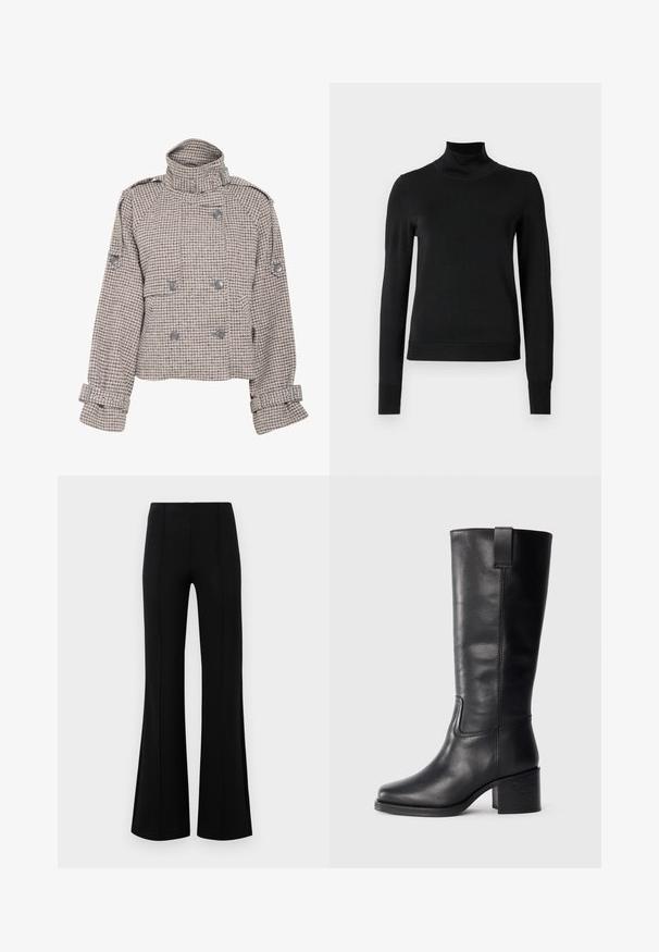 Gestuz AVIC SHORT JACKET - Mezisezónní bunda - rose dust/grey; Černý dlouhý rukáv rolák se žebrovanými manžetami a lemem, vystavený na čistě bílém pozadí.; Černé kalhoty s volným zakončením a vysokým pasem, vyrobené z elastického materiálu. Mají vertikální švy na přední straně a hladký povrch.; Černé kožené kozačky až ke kolenům s hladkým povrchem, čtveratou špičkou, širokým podpatkem a bočním poutkem, se minimalizovanými švy.