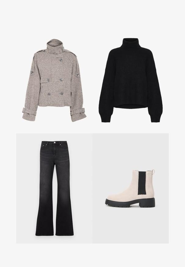 Gestuz AVIC SHORT JACKET - Giacca da mezza stagione - rose dust/grey; Maglione nero a collo alto con design corto, realizzato in tessuto morbido. Ha maniche ampie e una texture a coste sul colletto.; Jeans neri svasati in tessuto denim, con vita alta, design a cinque tasche e una leggera scoloritura verso l'orlo delle gambe.; Stivale Chelsea in suede beige con pannello laterale elastico nero, suola nera spessa e linguetta alla caviglia.