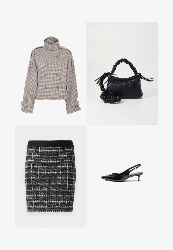 Gestuz AVIC SHORT JACKET - Light jacket - rose dust/grey; White long-sleeve blouse with stand collar, vertical pleats on front, button closure, and lace-trimmed cuffs.; Black and white checkered skirt with a textured fabric, featuring a black waistband and a fitted silhouette.; Black leather slingback heels with a pointed toe, low kitten heel, and gathered detail on the vamp. Smooth texture and minimalist design.; Black faux leather handbag with a crocodile texture, cinched top, and a scrunched strap. Appears soft and compact in design.