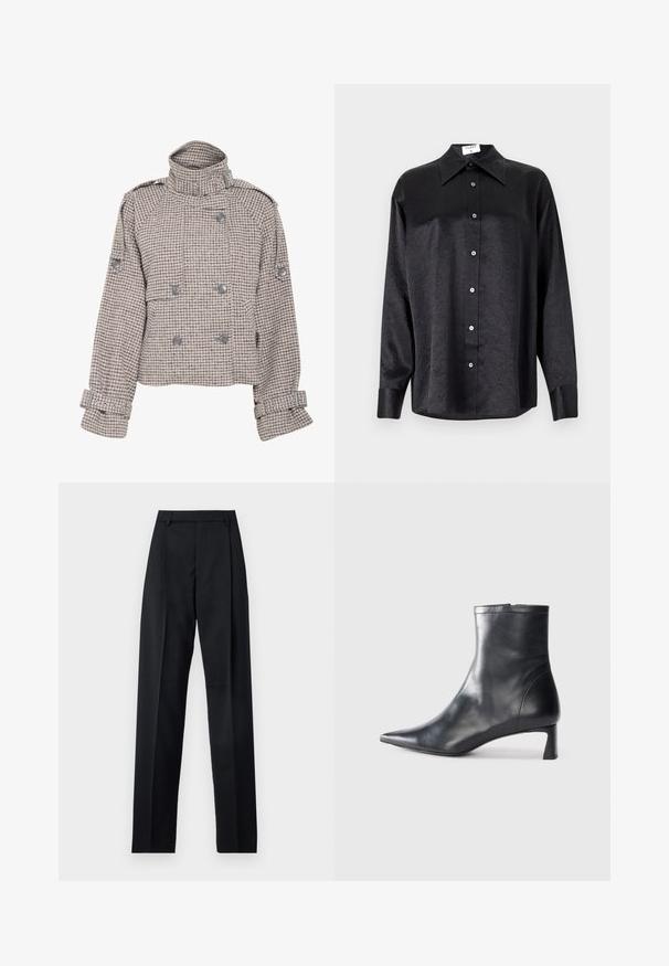 Gestuz AVIC SHORT JACKET - Könnyű dzseki - rose dust/grey; Fekete, hosszú ujjú ing, galléros nyakkal, gyűrött textúrával, teljes gombos elejével és mandzsettákkal. Simaságú anyagból készült.; Fekete nadrág sima anyagból, magas derékkal, széles lábakkal, elülső redőkkel és klasszikus övhurkokkal. Oldalzsebek nem láthatók.; Fekete bőr bokacsizma hegyes orral és letisztult dizájnnal. Alacsony sarka és hátsó cipzáras záródása van. Simának tűnő textúra.