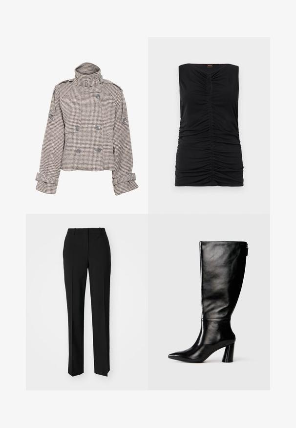 Gestuz AVIC SHORT JACKET - Lett jakke - rose dust/grey; Svart ermeløs topp med sammenkrøpet tekstur, med et nøkkelhullsdesign i utringningen og en tett silhuett. Glatt stoff.; Sorte skreddersydde bukser med rett silhuett, med en glatt tekstur og klare pressede bretter foran. Ingen synlig maskinvare.; Knæhøye svarte lærstøvler med spiss tå, glatt tekstur og tykk hæl. Har glidelåsdetalj på baksiden.