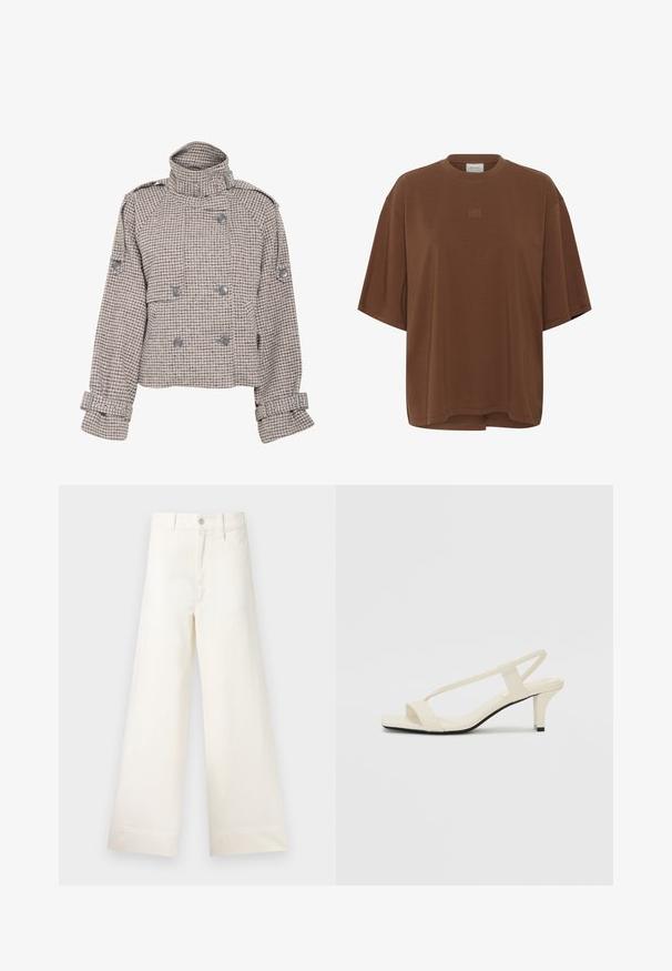 Gestuz AVIC SHORT JACKET - Giacca da mezza stagione - rose dust/grey; T-shirt marrone oversize a maniche corte con collo rotondo e ricamo del logo, di dimensioni ridotte, centrato sul petto.; Pantaloni a gamba larga in cotone beige chiaro. Caratterizzati da vita alta, tasche anteriori e un taglio dritto. Orlo pulito senza motivi.; Sandali con tacco a blocco beige, con sottili cinturini e punta quadrata. Materiale liscio con dettagli minimi, progettati per un facile utilizzo.