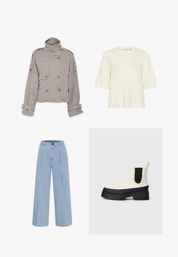 Gestuz AVIC SHORT JACKET - Casaco leve - rose dust/grey; Sweater de manga curta e decote redondo feito de um material macio e felpudo na cor off-white. Apresenta um corte descontraído com punhos e barra canelados.; Jenas de perna larga em azul claro feitas de denim, apresentando um fecho de botão e duas costuras frontais que correm verticalmente.; Botas de tornozelo de plataforma chunky com um cabedal branco, sola de borracha preta e painéis laterais elásticos em contraste na cor preta. Acabamento em pelo sintético na borda superior.