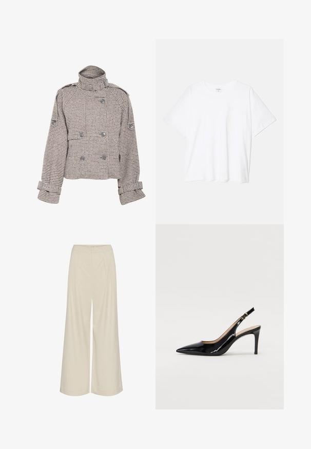 Gestuz AVIC SHORT JACKET - Lagana jakna - rose dust/grey; Bijela pamučna majica s kratkim rukavima, okruglim izrezom, opuštenim krojem i šivenim rubom. Etiketa je vidljiva na unutarnjoj strani vrata.; Hlače širokih nogavica u svijetloj bež tkanini, s nabranim detaljima, visokim strukom i glatkom teksturom bez vidljivih ukrasa.; Crne lakirane slingback cipele s oštrim vrhom, uskim potpeticama i suptilnim izrezom. Sadrže zlatnu kopču na traku.