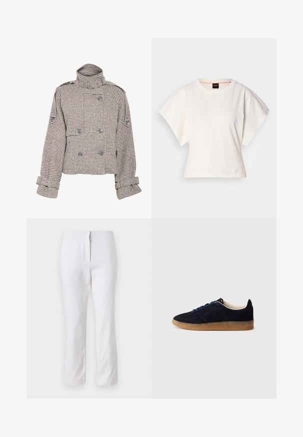 Gestuz AVIC SHORT JACKET - Casaco leve - rose dust/grey; T-shirt branco cropped, mangas curtas e largas, material de algodão suave, decote redondo com um discreto acabamento laranja, design minimalista, sem padrões ou gráficos.; Calças de algodão brancas com um design de perna reta, apresentando uma cintura de altura média e sem hardware ou padrões visíveis. Textura suave por toda a peça.; Tênis de camurça azul-marinho com sola de borracha cor de goma, atacadores azuis e design minimalista. Apresenta logótipo em relevo na lateral e forro interior liso.