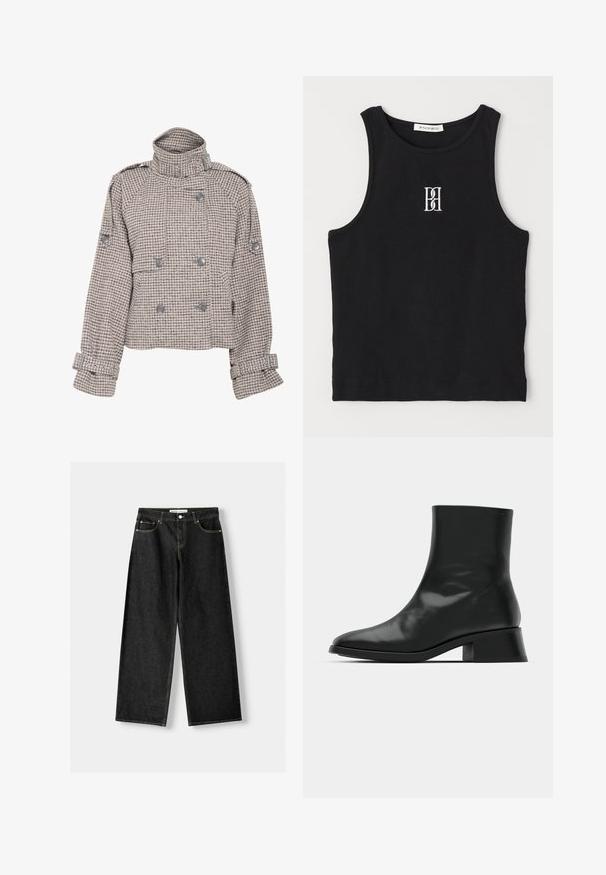 Gestuz AVIC SHORT JACKET - Light jacket - rose dust/grey; Black ribbed tank top featuring a round neckline and embroidered logo in white. Fabric has a smooth texture with a fitted shape.; Black denim wide-leg jeans featuring five pockets, metal button and zipper closure, and contrasting yellow stitching along the seams.; Black ankle boot made of shiny leather, featuring a sleek design, pointed toe, and a moderate block heel for stability.