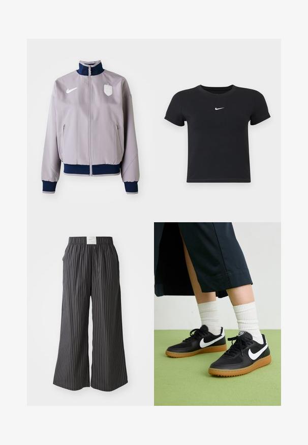 Ljusgrå bomberjacka med marinblå krage och mudd, framtida dragkedja, sidofickor och en vit logotyp och emblem på bröstet.; Svart kortärmad t-shirt i bomull med rund halsringning. Har en vit Nike-logotyp på bröstet, minimalistisk design och figurnära passform.; Svart- och grårandiga vida byxor med elastisk midja och en Nike-logotyp på baksidan. Lättviktig tyg, lös passform.; Svarta läder- och syntetiska sneakers med vit Nike-logga, gummisula, rund tå och svarta snörningar. Ribbad vit strumpor synliga.