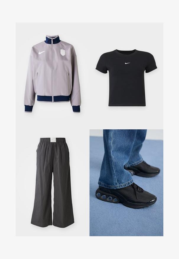 Lysegrå bomberjakke med en marinedyb farvet krave og manchetter, frontlynlås, sidelommer og et hvidt logo og emblem på brystet.; Sort kortærmet t-shirt lavet af bomuld med rund hals. Har et hvidt Nike-logo på brystet, minimalistisk design og tætsiddende pasform.; Sort og grå stribede bukser med bred ben, elastisk talje og et Nike-logo på bagsiden. Letvægtsstof, løs pasform design.; Sorte træningssko med mesh-overdel, teksturerede detaljer og synlige luftdæmpningspodere i sålen. Båret med blå denimjeans.