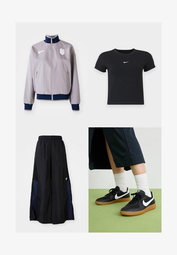 Jachetă bomber gri deschis cu guler și manșete bleumarin, fermoar frontal, buzunare laterale și un logo și un emblema albă pe piept.; Tricou negru cu mânecă scurtă, din bumbac, cu decolteu rotund. Prezintă un logo alb Nike pe piept, design minimalist și croială ajustată.; Pantaloni negri cu croi larg, confecționați dintr-un material ușor, având un panou lateral albastru marin și un brâu elastic. Logo mic alb în partea de jos.; Sneakers negre din piele și material sintetic cu logo-ul alb Nike, talpă din cauciuc, vârful rotund și șireturi negre. Șosete albe cu nervuri vizibile.