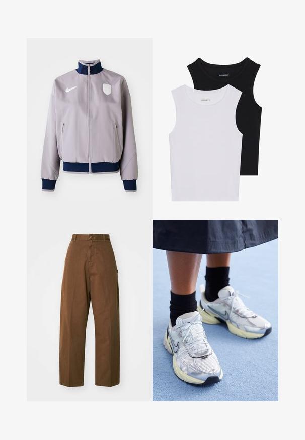 Svetlo šedá bomber bunda s námorníckym golierom a manžetami, predným zipsom, bočnými vreckami a bielym logom a emblémom na hrudi.; Dve bezrukávové topy v čiernej a bielej farbe, vyrobené z rebrovanej bavlny, s okrúhlym výstrihom a priliehavým strihom. Viditeľné štítky na oboch.; Hnedé nohavice so širokým strihom vyrobené z odolnej látky, s gombíkovým zapínaním a bočnými vreckami. Hladká textúra a rovný strih.; Biele a strieborné Nike tenisky s mrežovou textíliou, reflexnými akcentmi a béžovou podrážkou. Nosené s čiernymi ponožkami, stojace na modrom povrchu.