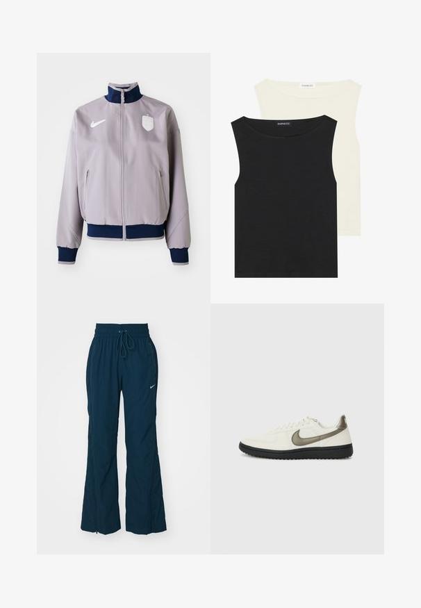 Šviesiai pilkas bomber tipo džemperis su tamsiai mėlynu apykakle ir rankogaliais, priekinis užtrauktukas, šoninės kišenės ir baltas logotipas bei emblema ant krūtinės.; Juodi ir kreminiai be rankovių marškiniai, pagaminti iš medvilnės, turintys apvalius iškirpimus ir lygų tekstūrą, sukrauti taip, kad etiketės būtų matomos.; Tamsiai mėlynos, lengvos sportinės kelnės su elastinga juosmeniu, raišteliu, plačiomis kojomis ir mažuoju baltu Nike logotipu priekyje.; Nike Sportswear FIELD GENERAL - Sportbačiai - off-white/black