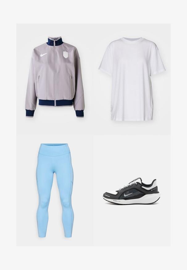 Heledhalli bomber-jakk tumesinise krae ja mansettidega, esi lukuga, küljetaskudega ning valge logo ja embleemiga rinna kohal.; Valge suuruses T-särk, mis on valmistatud puuvillast, millel on ümmargune kaelus, lühikesed varrukad ja külgmised lõhenemised mugava istuvuse tagamiseks. Sile tekstuur.; Heledad sinised leggingid, mis on valmistatud venivast kangast. Omavad kõrget vööd, siledat tekstuuri ja kaarjad õmblused piki jalgu.; Nike tossud musta ja valge värvipaletiga, pehme võrkkattega ja hõbedaste detailidega. Kummist tallaga, millel on "Air Zoom" brändimine, reljeefne haardeks.
