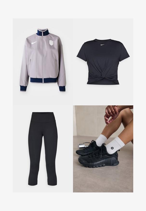 Light gray bomber jacket with a navy collar and cuffs, front zipper, side pockets, and a white logo and emblem on the chest.; Black athletic t-shirt made of smooth fabric, featuring a knotted front design and a small white Nike logo on the chest.; Black cropped leggings made of stretchy fabric, featuring a high waistband and smooth texture, with no visible patterns or hardware.; Black athletic shoes with textured fabric, laced design, and a prominent sole, paired with white ribbed socks featuring a small logo.