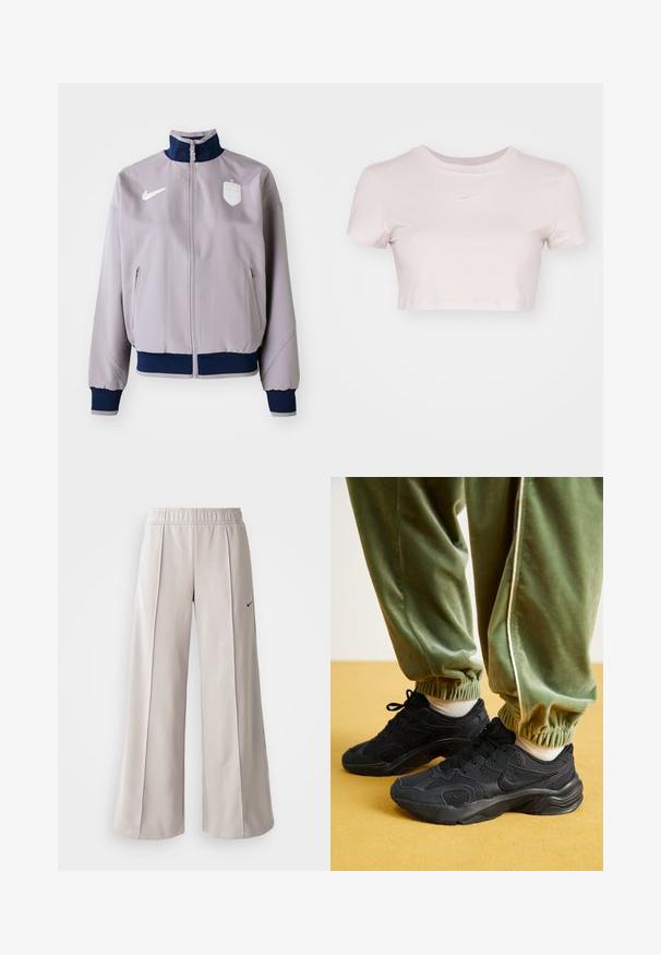 Svetlo šedá bomber bunda s námorníckym golierom a manžetami, predným zipsom, bočnými vreckami a bielym logom a emblémom na hrudi.; Skraćené tričko svetloružovej farby, vyrobené z mäkkej tkaniny. Má okrúhly výstrih a krátke rukávy s malým bielym logom Nike na hrudi.; Svetlo šedé nohavice s širokým strihom vyrobené z hladkej tkaniny. Obsahujú elastický pás a čierne logo Nike na ľavej strane.; Čierne športové tenisky so sieťovinou a syntetickými prekrytiami, textúrovaná podrážka, v kombinácii so zelenými teplákmi s elastickými manžetami, na žltom povrchu.