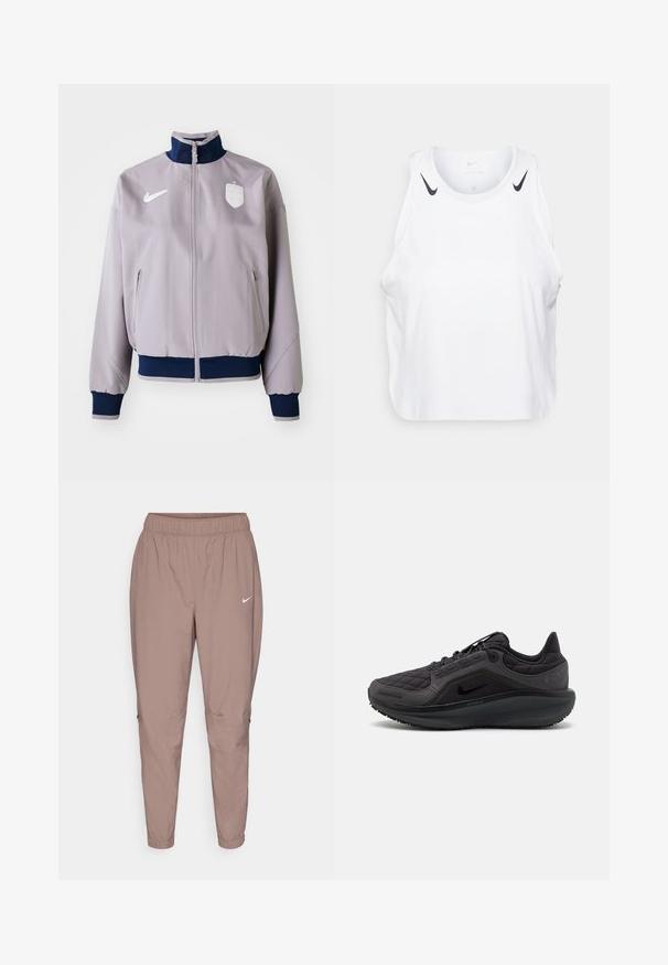 Light gray bomber jacket with a navy collar and cuffs, front zipper, side pockets, and a white logo and emblem on the chest.; White sleeveless tank top made of lightweight fabric, featuring black Nike logo accents on shoulders, round neckline, and relaxed fit.; Light brown, tapered athletic pants with an elastic waistband and small white Nike logo. Smooth texture, no visible patterns or hardware.; Black athletic shoe with quilted upper, textured accents, and a cushioned sole. Features a prominent Nike logo and durable outsole.