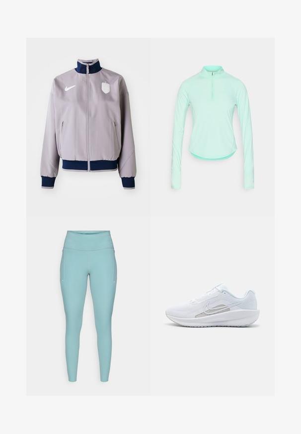 Lysegrå bomberjakke med en marinedyb farvet krave og manchetter, frontlynlås, sidelommer og et hvidt logo og emblem på brystet.; Mintgrøn langærmet atletisk skjorte med lynlåsekrave, der har en tætsiddende pasform og glat, let materiale.; Lyseblå leggings lavet af strækbart materiale, med en høj talje, sømløst design og minimale hvide detaljer på siderne.; Hvid træningssko med mesh-overdel, rund tå og tekstureret sål. Har et sølvfarvet Nike-swoosh og et minimalistisk design.